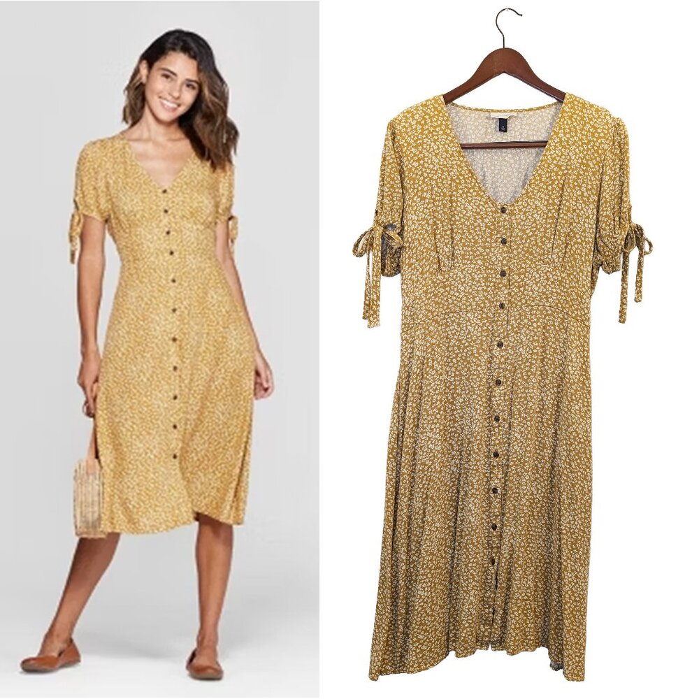 Button-Down Floral Midi Dress with Tied Sleeves